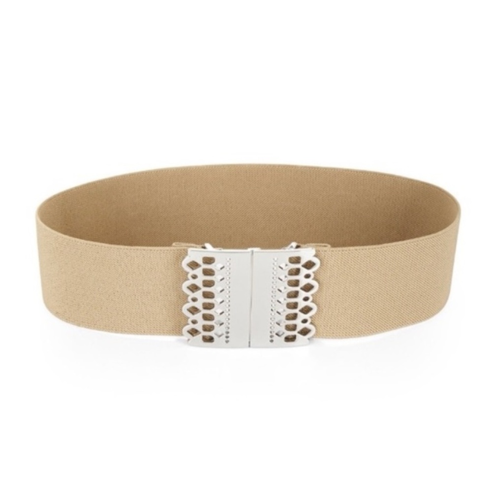 BCBG WAIST BELT BEIGE NUDE SCALLOP SILVER BUCKLE